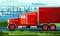 Large cargo truck. Vector illustration. Driving along the road past the city. Flat style. Transportation of heavy loads by road.