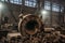 Large cast iron product moved on girder crane in workshop of metallurgical plant. Foundry, Heavy industry, production of