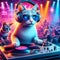 A large cat wears headphones and sunglasses and acts as a DJ at a turntable, Cats, Dj Cat 2024, generative ai