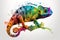 A large chameleon in a rainbow of colors, superimposed on a white background