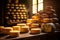 Large cheese wheels, stacked and arranged attractively, symbolizing the authenticity and tradition associated with artisanal