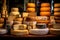 Large cheese wheels, stacked and arranged attractively, symbolizing the authenticity and tradition associated with artisanal