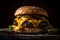 Large cheeseburger with lettuce, tomato, onion, pickle on moody dark background.