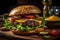 Large cheeseburger with lettuce, tomato, onion, pickle on moody dark background.