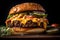 Large cheeseburger with lettuce, tomato, onion, pickle on moody dark background.