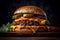 Large cheeseburger with lettuce, tomato, onion, pickle on moody dark background.