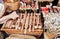 Large choice of wooden massage devices and kitchenware for sale at Dolac, central farmers\' market. Zagreb