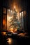 Large christmas tree decorated with many garlands of lights in a dark and cozy lounge lit with fireplace. Ai digital art