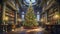 a large Christmas tree in the hall of an old library