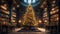 a large Christmas tree in the hall of an old library