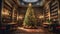 a large Christmas tree in the hall of an old library