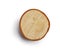 Large circular piece of wood cross section with tree ring texture pattern and cracks isolated clipping mask on white