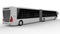 A large city bus with an additional elongated part for large passenger capacity during rush hour or transportation of