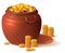 Large clay brown pot full of gold. Ceramic pot with lid