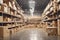 A large clean warehouse with shelfs carboard bokeh. ai generative