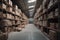 A large clean warehouse with shelfs carboard boxes Generative AI