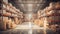 A large clean warehouse with shelves and cardboard boxes