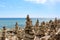 A large collection of cairns along the shoreline of Lake Michigan at Cave Point County Park in Door County, Wisconsin