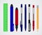 Large collection of colored pens and pencils. Color stationery set.