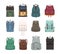 Large collection of fashionable backpacks or rucksacks. Modern casual and touristic accessories of different types and