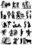Large collection of Greek songs on a white background. Black silhouettes of the Greek heroes. Tattoos on a thematic topic