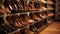 Large collection of leather shoes on display in a modern boutique generated by AI