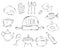 Large collection of line icons in hand drawn style for the profession of cook. Vector