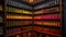 A large collection of old fashioned books illuminated on bookshelves generated by AI