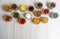 Large collection of spices in small bowls