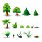 Large collection of trees and shrubs isolated on a white background. Pine trees, deciduous trees, palms, shrubs and flowers