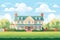 large colonial revival house with gambrel roof amidst green lawn, magazine style illustration