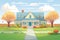 large colonial revival house with gambrel roof amidst green lawn, magazine style illustration