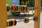 Large colored children`s abacus, wooden rings.