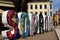 Large colorful block letters of the city name of Sopron in Hungary on a street corner. tourism concept.