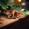 Large, colorful moth is perched on wooden surface. The moth has wings that are spread out and covers entire image