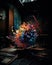 A large colorful sculpture in a dark room. Generative AI image.