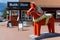 Large colorful Swedish wooden Dala horse outside of a souvenir shop in northern Sweden