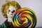 Large Colorful Swirled Lollipop and Clown