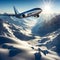 Large commercial airliner soaring in the clear blue sky over the snow-covered mountains