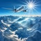Large commercial airliner soaring in the clear blue sky over the snow-covered mountains