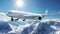 Large commercial airliner soaring in the clear blue sky over the snow-covered mountains