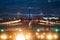 Large commercial airplane landing or take off on runway at night. Journey abroad tourism, oversea travel, flight transit