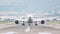 Large commercial airplane take off safely on airport runway. Journey abroad tourism, oversea travel, flight transit