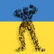 Large community of people forming the image a warrior  on Ukrainian flag