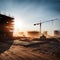 Large construction site including several cranes working on a building complex, with evening sunset, gold sunlight, construction