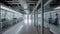 A large corridor in research facility with laboratories behind glass wall. AI generative