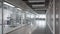 A large corridor in research facility with laboratories behind glass wall. Generative AI.