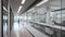 A large corridor in research facility with laboratories behind glass wall. Generative AI.