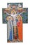 Large cross with colored mosaic depicting the crucified Christ and saints