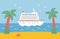 A large cruise ship sails on the sea. Travel on an ocean liner. Hand drawn vector